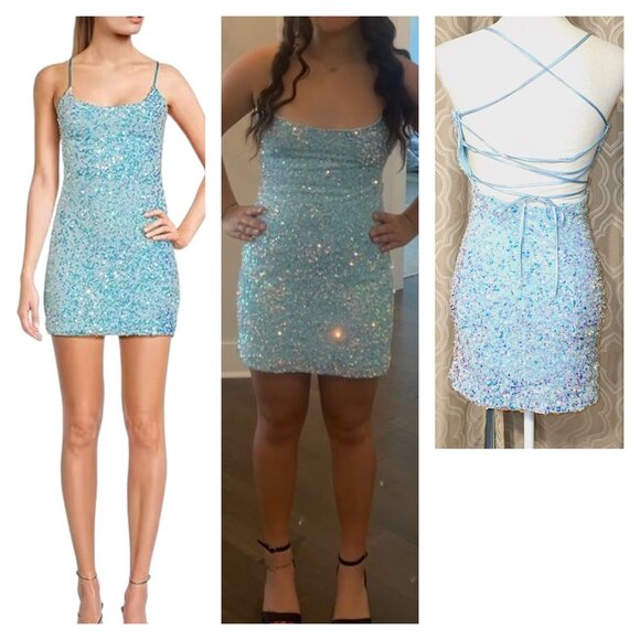 B. Darlin Velvet Sequin Lace Up Back Bodycon Dress Aqua Iridescent Blue 15 16 - Picture 1 of 11